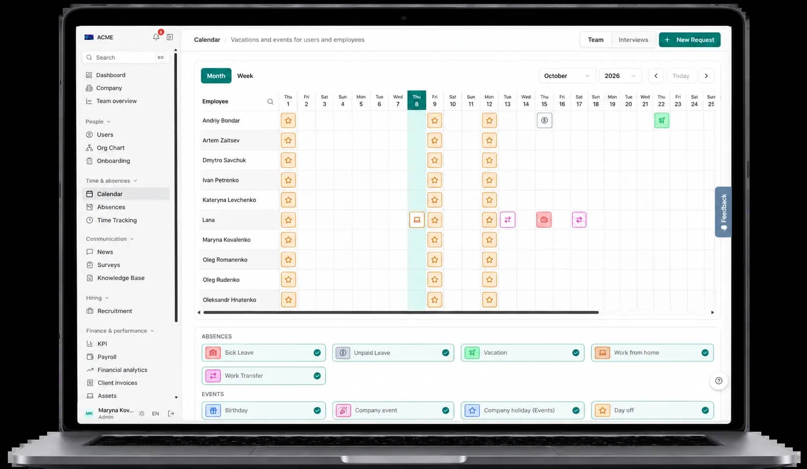 Team calendar with color-coded absence types in useTavio