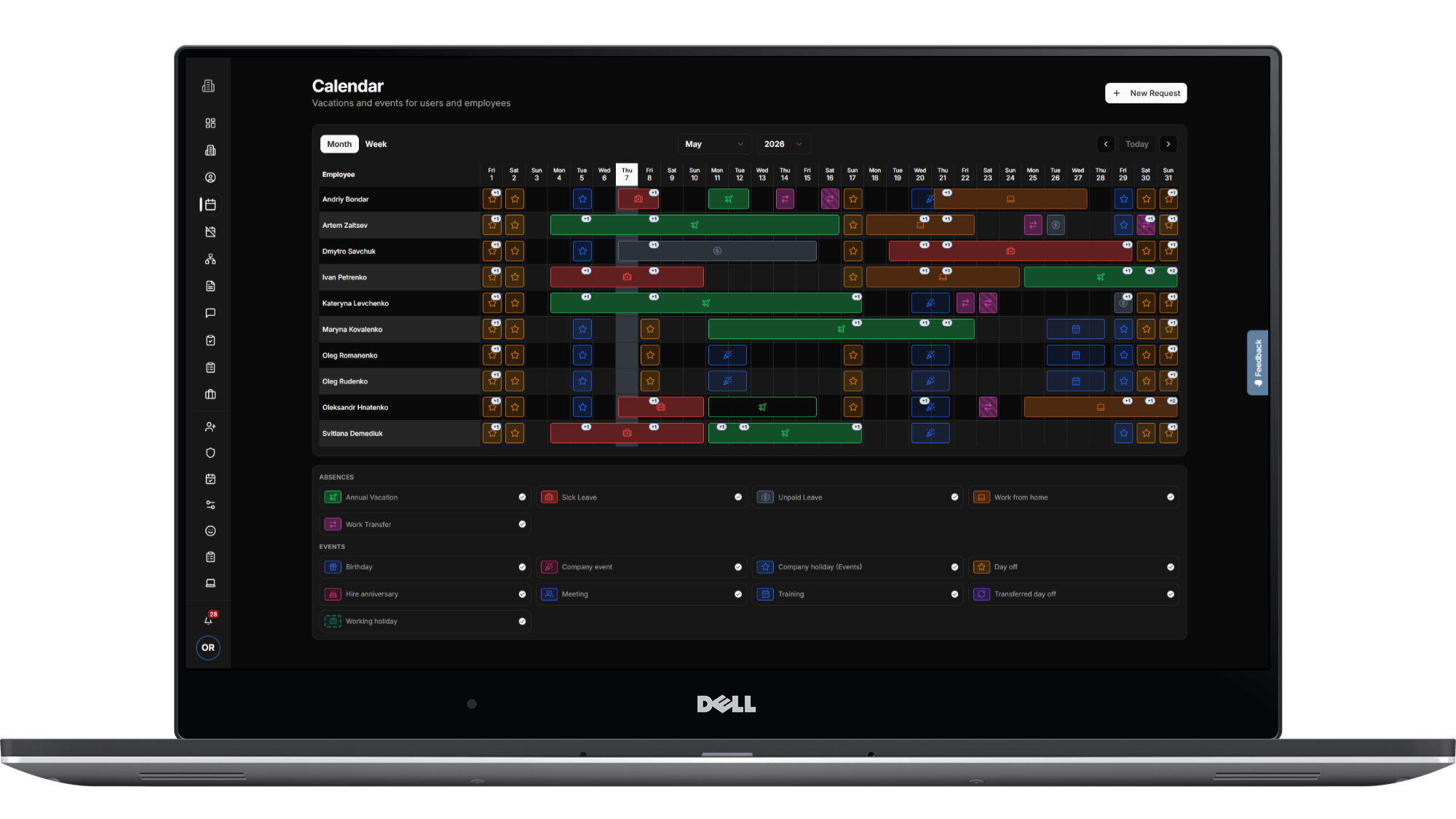 Team Calendar with color-coded absence types