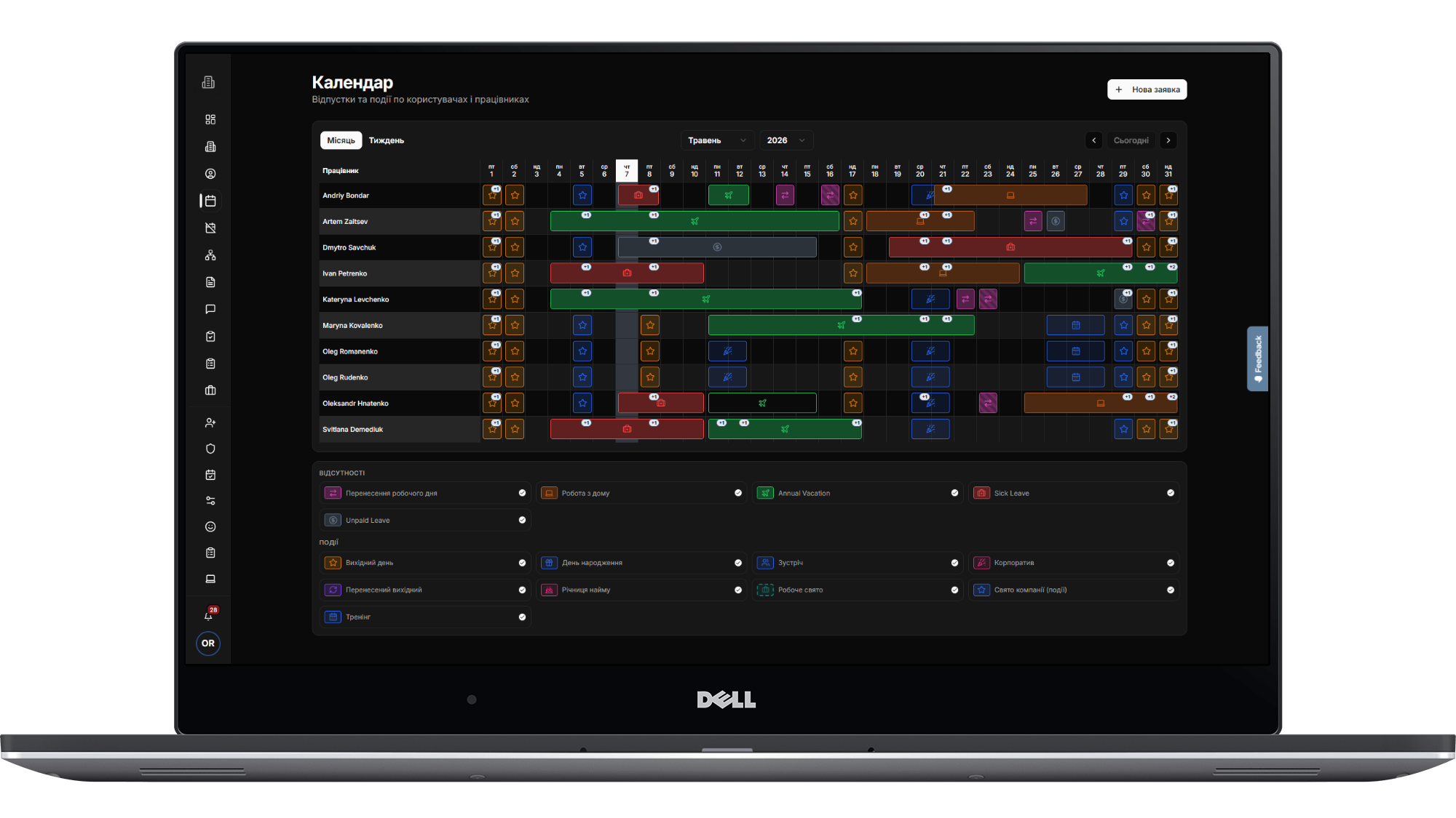 Team Calendar with color-coded absence types