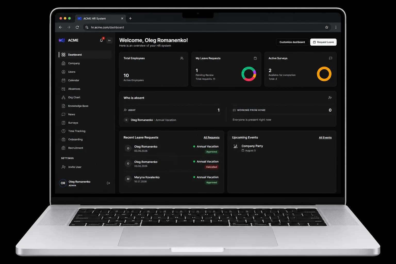 useTavio HR dashboard with team overview, leave requests, and upcoming events